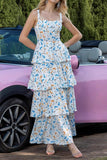 Robe de soirée à plusieurs niveaux à fleurs bleues