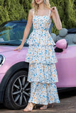 Robe de soirée à plusieurs niveaux à fleurs bleues