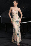Robe de soirée sirène à bretelles spaghetti imprimées roses