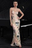Robe de soirée sirène à bretelles spaghetti imprimées roses