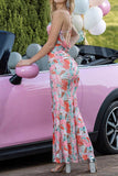 Robe de soirée sirène dos nu floral rose avec fente