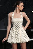 Robe de cocktail ivoire dos nu à pois une ligne