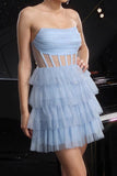 Corset bustier bleu pailleté à plusieurs niveaux Robe de cocktail trapèze