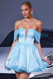 Robe de cocktail trapèze bleue à épaules dénudées