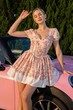 Floral Blush Une Corset Trapèze Robe de Retrouvailles À Manches Courtes