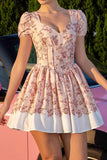 Floral Blush Une Corset Trapèze Robe de Retrouvailles À Manches Courtes