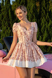 Floral Blush Une Corset Trapèze Robe de Retrouvailles À Manches Courtes