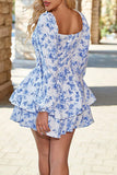 Blanc Bleu Floral Corset À Manches Longues Robe De Retrouvailles À Niveaux