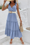 Robe d’été trapèze à col en V gris bleu avec ceinture