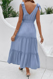 Robe d’été trapèze à col en V gris bleu avec ceinture
