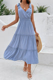 Robe d’été trapèze à col en V gris bleu avec ceinture