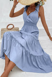 Robe d’été trapèze à col en V gris bleu avec ceinture