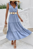 Robe d’été trapèze à col en V gris bleu avec ceinture