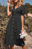 Robe d’été trapèze noire à col en V avec boutons