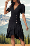 Robe d’été midi à volants noir à col en V
