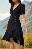 Robe d’été midi à volants noir à col en V