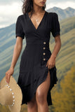 Robe d’été midi à volants noir à col en V
