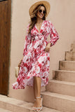 Robe d’été à manches longues à col en V floral rouge