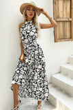 Robe d’été noire fleurie à une ligne avec ceinture