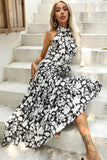 Robe d’été noire fleurie à une ligne avec ceinture