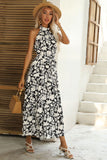 Robe d’été noire fleurie à une ligne avec ceinture