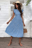 Robe d’été à col rond imprimée florale bleue
