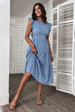 Robe d’été à col rond imprimée florale bleue
