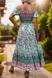 Robe d’été imprimée verte à épaules dénudées