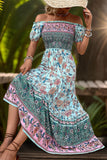 Robe d’été imprimée verte à épaules dénudées