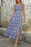 Robe d’été A Line imprimée bleue avec fente