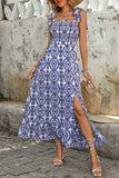 Robe d’été A Line imprimée bleue avec fente