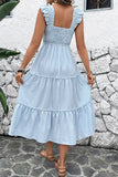 Robe d’été midi à col carré rayé bleu
