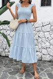 Robe d’été midi à col carré rayé bleu