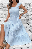 Robe d’été midi à col carré rayé bleu