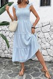 Robe d’été midi à col carré rayé bleu