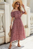 Robe longue d’été fleurie bordeaux à épaules dénudées