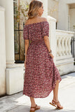 Robe longue d’été fleurie bordeaux à épaules dénudées