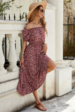 Robe longue d’été fleurie bordeaux à épaules dénudées