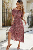 Robe longue d’été fleurie bordeaux à épaules dénudées