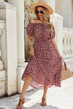 Robe longue d’été fleurie bordeaux à épaules dénudées