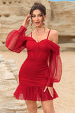 Corset Robe de cocktail rouge moulante à épaules dénudées avec perles