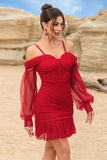 Corset Robe de cocktail rouge moulante à épaules dénudées avec perles