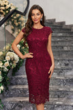 Robe de cocktail en dentelle à col rond fourreau bordeaux
