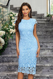 Robe de cocktail en dentelle à col rond fourreau bordeaux