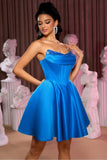 Corset sans bretelles Une ligne Robe de cocktail bleu roi avec perles