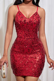 Robe courte à bretelles spaghetti à paillettes rouges scintillante pour les retrouvailles