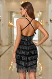 Noir scintillant spaghetti bretelles robe courte de bal avec franges