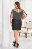 Noir illusion col paillettes scintillant courte grande taille robe de bal avec franges