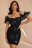 Robe de cocktail courte moulante corset à volants noir scintillant