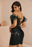 Robe de cocktail courte moulante corset à volants noir scintillant